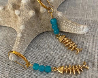 Long Gold Fish Earrings With Blue Agate Beads, Boho Beach Jewellery