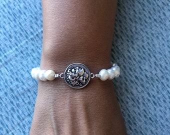 Alexander the Coin Bracelet, White Pearl Charm, Greek Jewelry