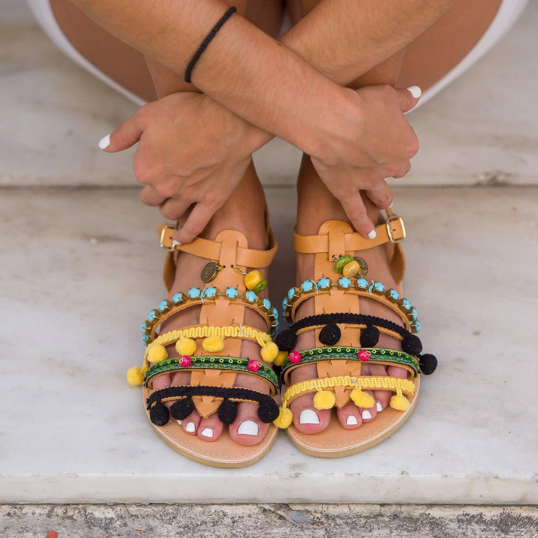 Handmade Leather Gladiator Sandals: Embellished Boho Pom