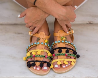 Handmade Leather Gladiator Sandals: Embellished Boho Pom Poms