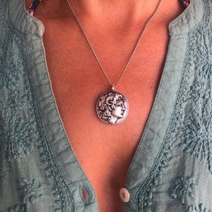 Alexander The Great Necklace, Vergina Sun Antique Coin Necklace, Protection Silver Medallion Mythology Jewel, Evil Eye/Cretan Phaistos Disc