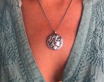 Alexander The Great Necklace, Vergina Sun Antique Coin Necklace, Protection Silver Medallion Mythology Jewel, Evil Eye/Cretan Phaistos Disc