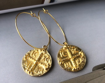 ECXC NIKA Gold Münzen Creolen: Byzantinischer christlicher Schmuck