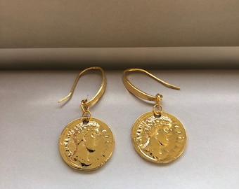 Gold Ancient Greek Coin Earrings, Hand Hammered Hook Earrings With Coins, Mother's Day Gift For Her, Two-sided Coin Jewel, Mythology Jewel
