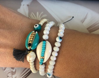 Blue Shell Beaded Bracelet, White Cowrie Bracelet, Christmas Gift, Sparkling Evil Eye Bracelet, Summer Boho Bracelet Set, Ocean/Beach Jewel