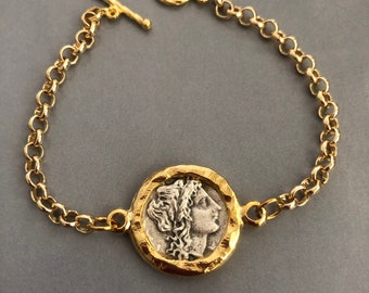 Chunky Chain Coin Bracelet: Two-Sided Ancient Greek Jewel, Mother's Day Gift