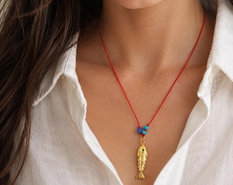 Gold Fish Red String Necklace, Abundance Lucky Charm, Boho Summer Jewel