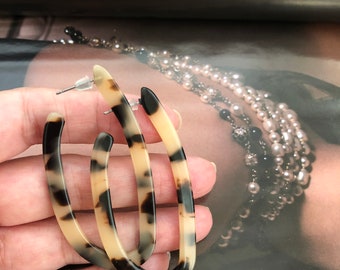 Large Blonde Tortoise Shell Earrings, Xmas Christmas Gift, Big Acrylic Resin Animal Print Hoops