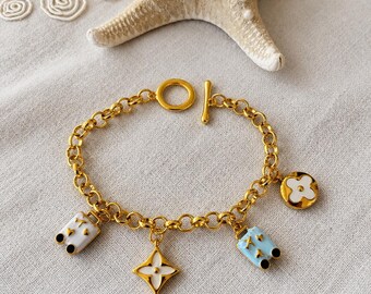 Clover Pendant Bracelet, Multi-Charm Jewel, T-Clasp Thick Chain Bracelet, Gift For her