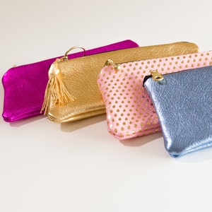 Gold Metallic Leather Purse: Tassel Zipper Pouch, Cosmetics Bag