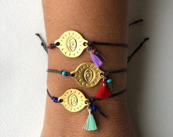 24K Gold Evil Eye Bracelet: Greek 'Mati' Tassel Charm, Good Luck Jewelry