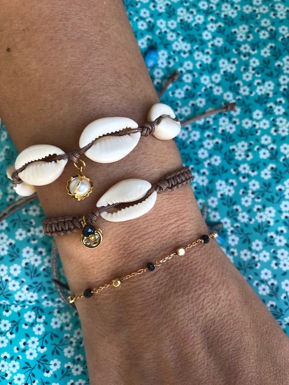 White Shell Bracelet, Cowrie Bracelet With Pearl, Valentine\'s Gift, Brown Cord  Bracelet With Swarovski, Beach Boho Summer Jewel,ocean Jewel - Etsy