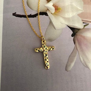 Gold Cross Necklace: Ruffled Christian Orthodox Jewelry with Zircon