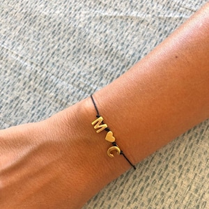 Personalized Initial Cord Bracelet: 24k Gold Plated Heart Charm