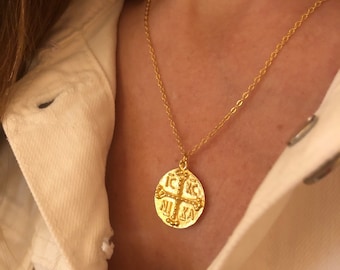 ICXC NIKA Necklace, Gold Cross Coin Necklace, Gift For Mum, Constantine/Konstantinato, Byzantine Round Disc, Christian Orthodox Unisex Jewel