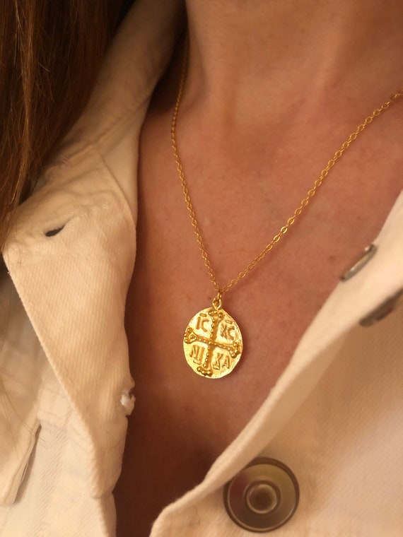 Gold Coin And Cross Necklace