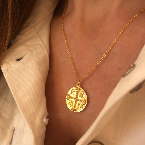 ICXC NIKA Necklace, Gold Cross Coin Necklace, Gift For Mum, Constantine/Konstantinato, Byzantine Round Disc, Christian Orthodox Unisex Jewel