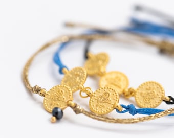 Dainty Gold Coin Bracelet: Black/Blue/Gold Cord, Minimalist Ottoman Jewel