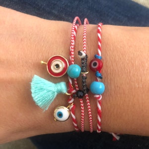 Red & White Striped Cord Bracelet: Greek Martaki Evil Eye Amulet