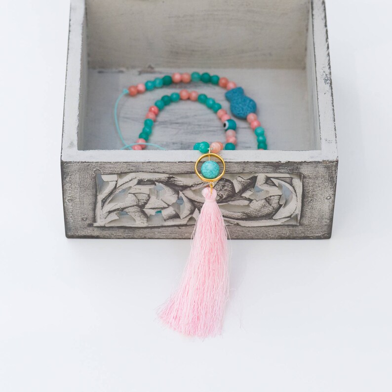 Long Beaded Cord Necklace, Pink Tassel Gemstone Necklace, Pink&blue Jade Necklace, Boho Summer Necklace, Adjustable Necklace, Gift For Mum image 2