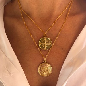 Set of 2 Layered Necklaces, Gold Orthodox Byzantine Coin Jewel, Christian Cross ICXC NIKA, Constantine & Helen Medallion, Greek Pendant Gift