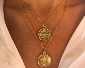 Byzantine Coin Necklace Set: Gold ICXC NIKA Cross, Constantine & Helen Medallion