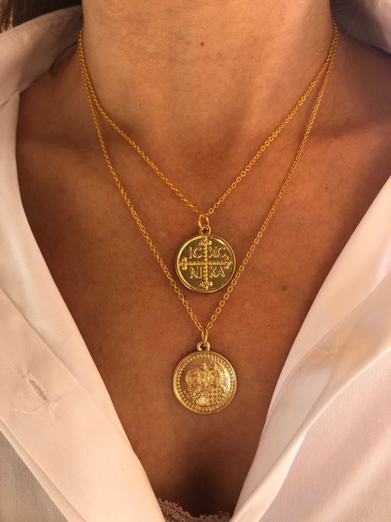 Byzantine Coin Necklace Set: Gold ICXC NIKA Cross, Constantine Byzantine Coin Necklace Set: Gold ICXC NIKA Cross, Constantine