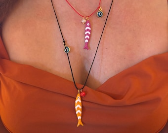 Enamel Fish Necklace: Boho Summer Jewelry with Evil Eye Charm