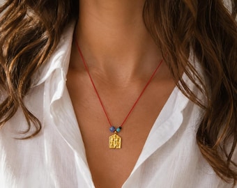 Gold Ethnic Square Charm Necklace, Red Cord Beaded Pendant, Unisex Amulet Jewel