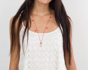 Red Cord Fishbone Necklace: Evil Eye Bead, Tassel Charm, Xmas Gift For Girlfriend