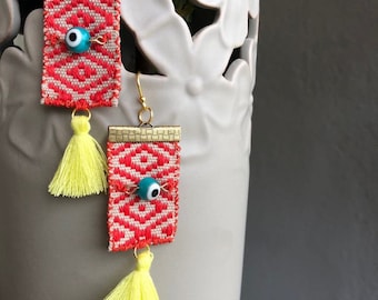 Red Beige Evil Eye Tassel Earrings: 24k Gold Plated 925 Silver Hooks