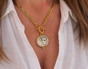 Chunky Chain Ancient Greek Coin Necklace: Heart Clasp Medallion, Gold Silver Plated Brass