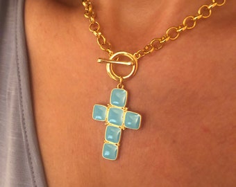 Turquoise Blue Cross Necklace, Large Black Enamel Necklace, Gift For Her/Mum, Thick Chunky Chain T-Clasp, Religious Christian Orthodox Jewel