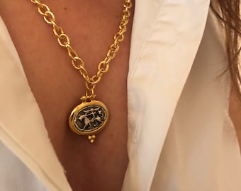 Chunky Gold Chain Coin Necklace, Gift For Mum/Her/Wife, Flower Charm/T-Clasp, Thick Choker, Long Ancient Greek Mythology Pendant Jewel/Set,