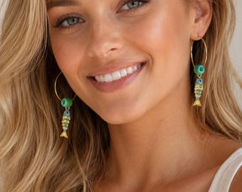 Blue Fish Hoop Earrings With Stones, Abundance Jewellery, Boho Summer Hoops