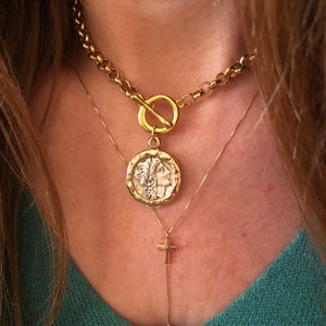 Chunky Chain Greek Coin Necklace, Mother's Day Gift, Thick Antique T-Clasp Choker, Ancient Disc Jewel, Gold&Silver Mythology Medallion Jewel