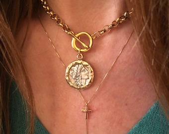 Chunky Chain Greek Coin Necklace: 24k Gold Plated Athena Medallion