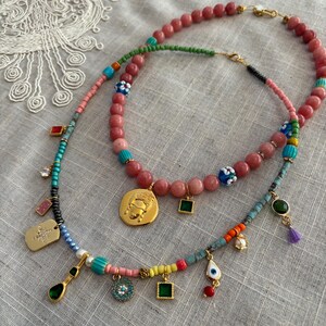Frida Kahlo pärlhalsband, rosa jadepärlberlock, blommahänge, present till mamma bild 16