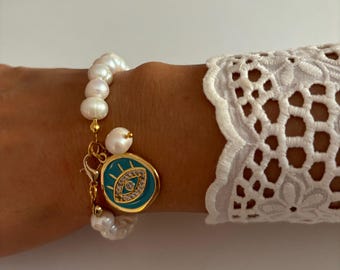 Chunky Pearl Bracelet: Turquoise Evil Eye Charm, Boho Statement Jewel, Gift For Mum