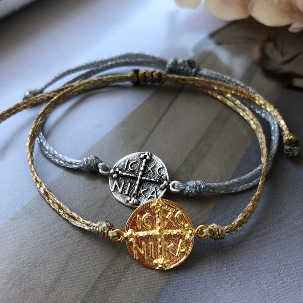 ICXC NIKA Bracelet, Gold/Silver Coin Jewel, Unisex Gift/Him/Her, Constantine Christian Orthodox Jewel, Minimalist Byzantine Cross Jewel Set