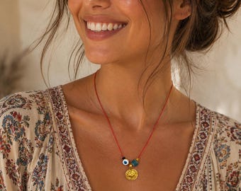 Red Cord Ethnic Charm Necklace, Boho Minimalist Unisex Jewel, Gift For Him Her