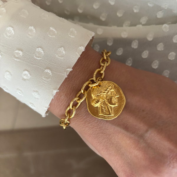 Chunky Chain Bracelet With Ancient Greek Coin Charm, T-Clasp Gold Disc Thick Chain Bracelet, Boho Hippie Summer Beach Jewel, Gift For Her