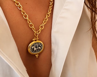 Chunky Gold Chain Coin Necklace: Ancient Greek Style Medallion, Gift For Mum/Her