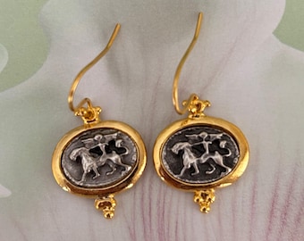 Gold & Silver Ancient Greek Coin Earrings: Elegant Dangle Boho Jewel, Gift For Mum