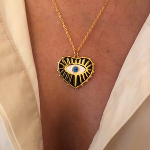 Black Evil Eye Heart Necklace, 'Mati' Xmas Gift For Mum/Her Wife, Black&Gold Heart Shaped Jewl, Greek/Turkish Eye Amulet, Thin Chain Pendant