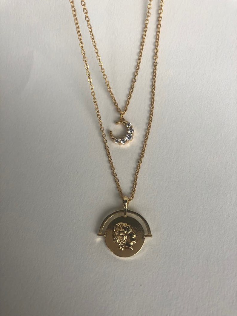 Layering Chain Necklaces Ancient Greek Gold Coin Necklace Set of 2 Layered Necklaces Half Moon Cubic Zirconia Necklace Medallion Jewelry
