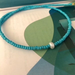 Turquoise Seed Bead Necklace: Minimalist Boho Pearl Jewel