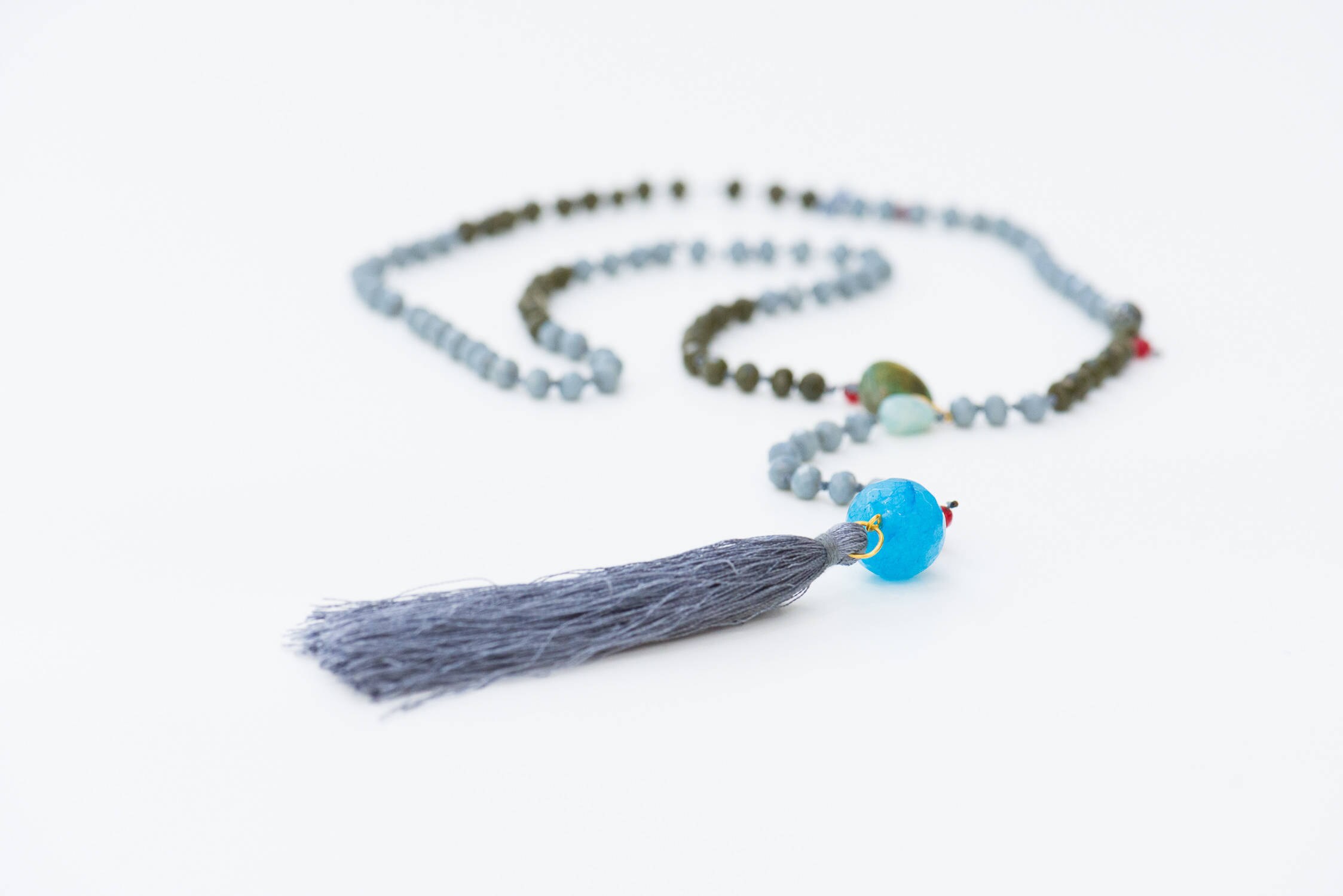Long Beaded Y Necklace, Blue & Green Sparkling Bead Necklace, Xmas Gift For Her/Mum/Wife, Boho Grey Tassel Necklace, Agate Gemstone Necklace