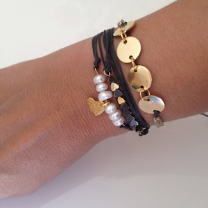 24K Gold Plated Disc Bracelet: Adjustable Macrame Cord, Boho Jewelry