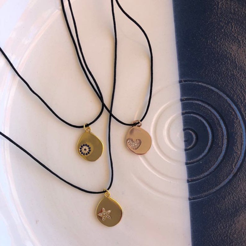 Gold Pendant Black Cord Necklace: Minimalist Coin Necklace, Vertical Bar Jewel, Unisex image 11